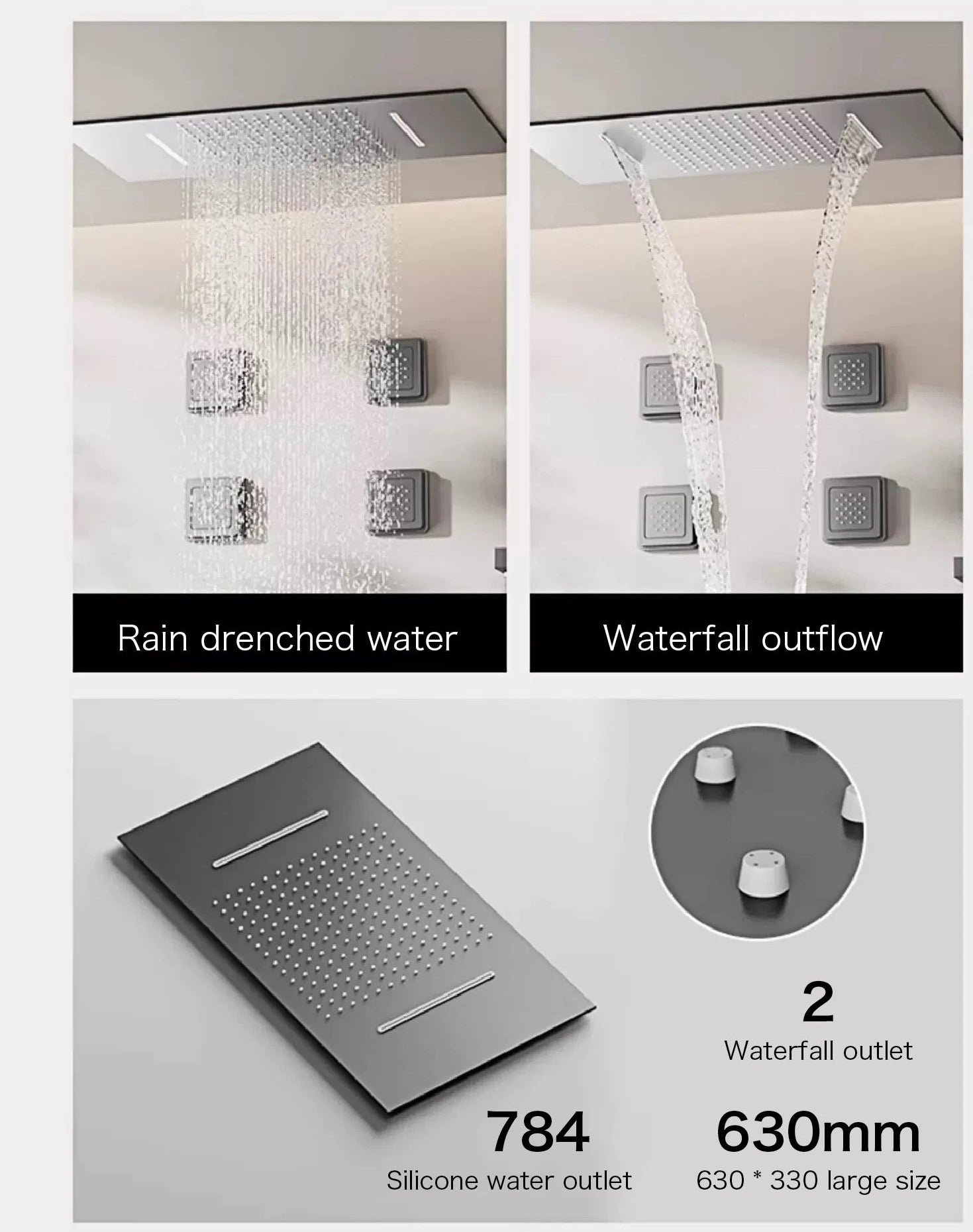 Luxury gray brass shower system with ceiling design, hidden LED display, dual hot and cold controls, by 𝕄𝕔 𝕋𝕙𝕖 𝔹𝕝𝕒𝕔𝕜 𝔻𝕚