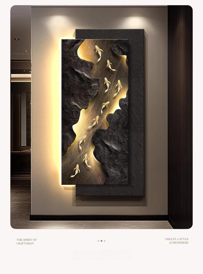 MC The Black Diamond LED wall light fixture with koi fish design, remote control, hanging decor for corridor entrance.