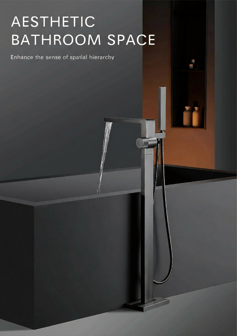 Luxury black brass floor-standing bathroom faucet with single handle, hot and cold water mixer, embedded design for bathtub.