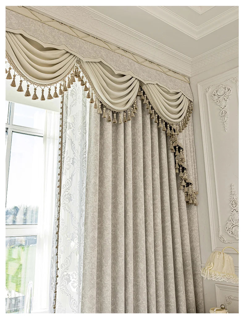 Beige jacquard chenille curtains by MC THE BLACK DIAMOND, custom window screens for living rooms, bedrooms, balconies, and villas.