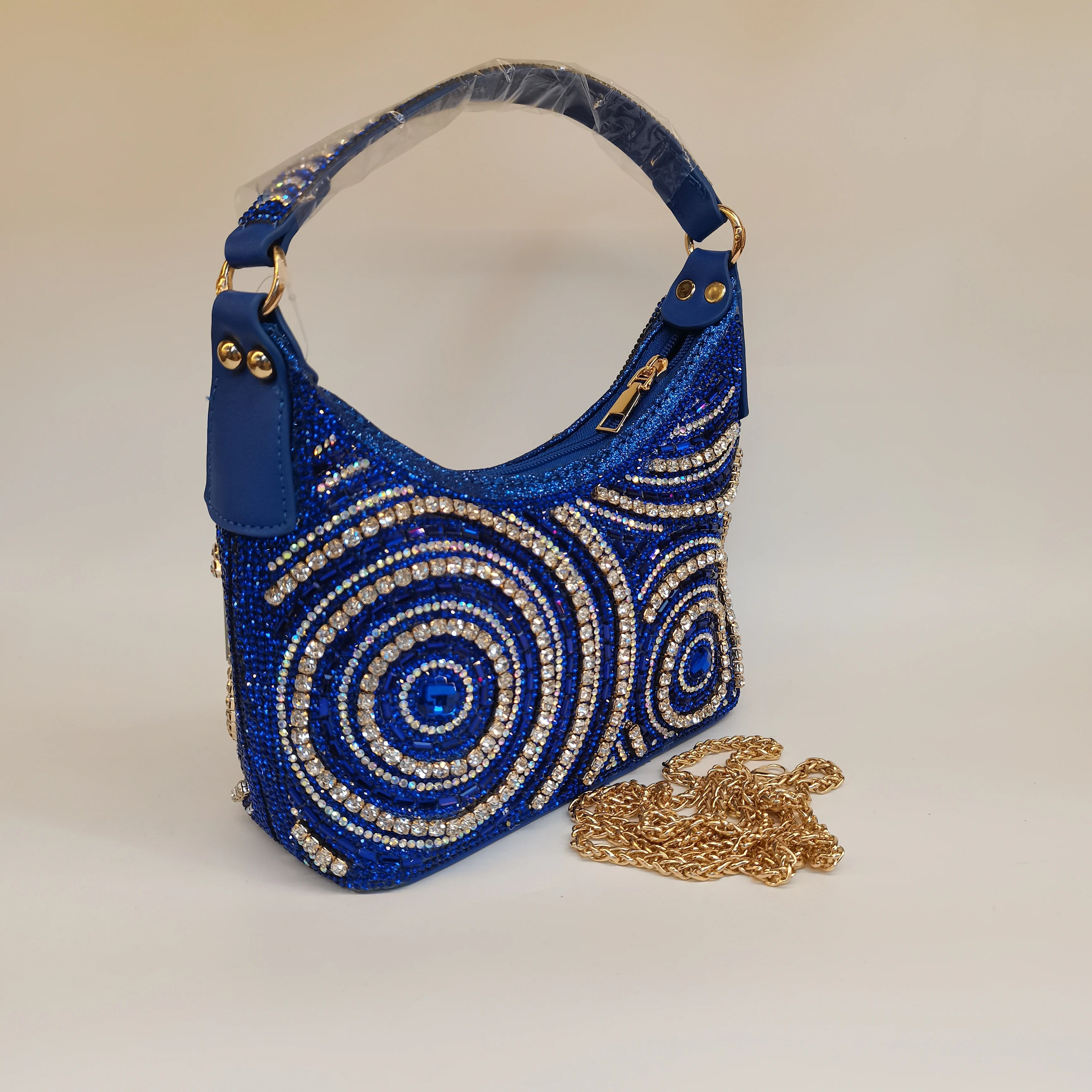 MC THE BLACK DIAMOND women's rhinestone evening handbag with a long chain, casual clutch style, embellished design.