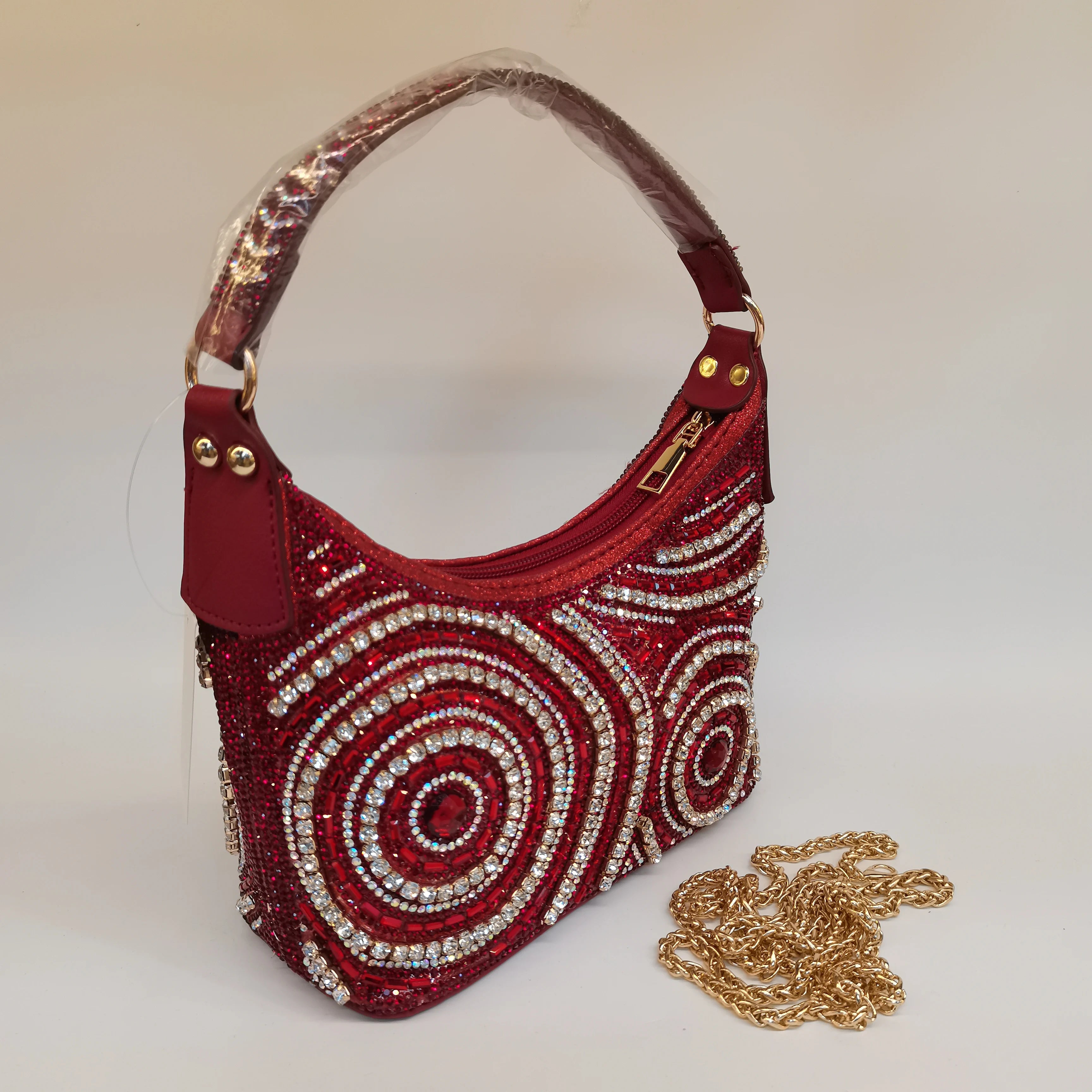 MC THE BLACK DIAMOND rhinestone evening clutch bag with long chain, stylish casual women's handbag with embellishments.