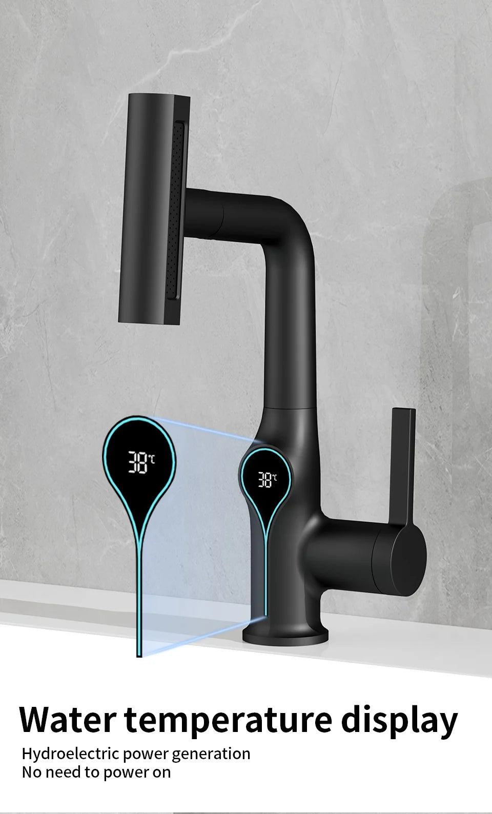Waterfall basin faucet with digital temperature display, hot and cold water controls, and stream sprayer for bathroom use.
