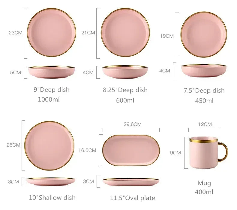 Gilt rim pink porcelain dinner plate from MC The Black Diamonds, featuring a ceramic design with a decorative border.