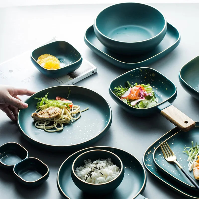 Ceramic Western plate and plate set by MC The Black Diamonds, Nordic dark green color, suitable for kitchen tableware.