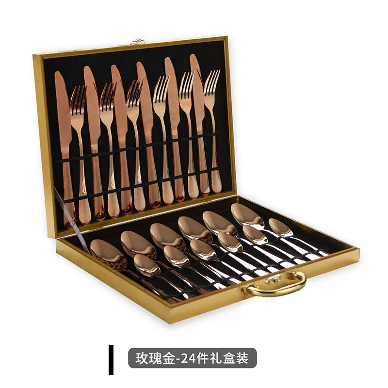 Set of 24 stainless steel kitchen cutlery including knives, forks, and spoons by 𝕄𝕔 𝕋𝕙𝕖 𝔹𝕝𝕒𝕔𝕜 𝔻𝕚�