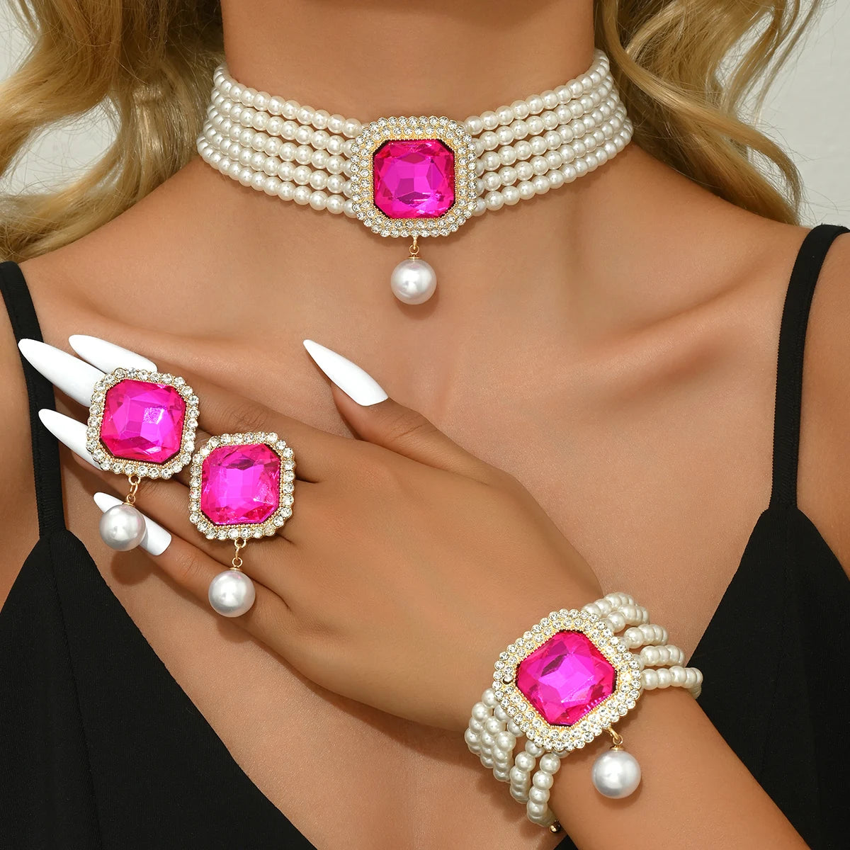 MC THE BLACK DIAMOND women's fashion jewelry set with pearl, rhinestone necklace, earrings, and bracelet for parties and festivals.