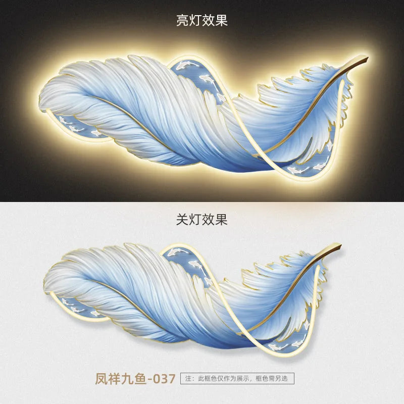 Luxury MC The Black Diamond LED wall light fixture with luminous feather mural design, ideal for living room or sofa background decor.