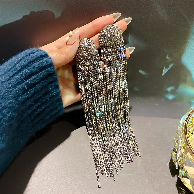 MC THE BLACK DIAMOND long tassel rhinestone drop earrings with oversized crystal dangles for women, fashion jewelry accessory