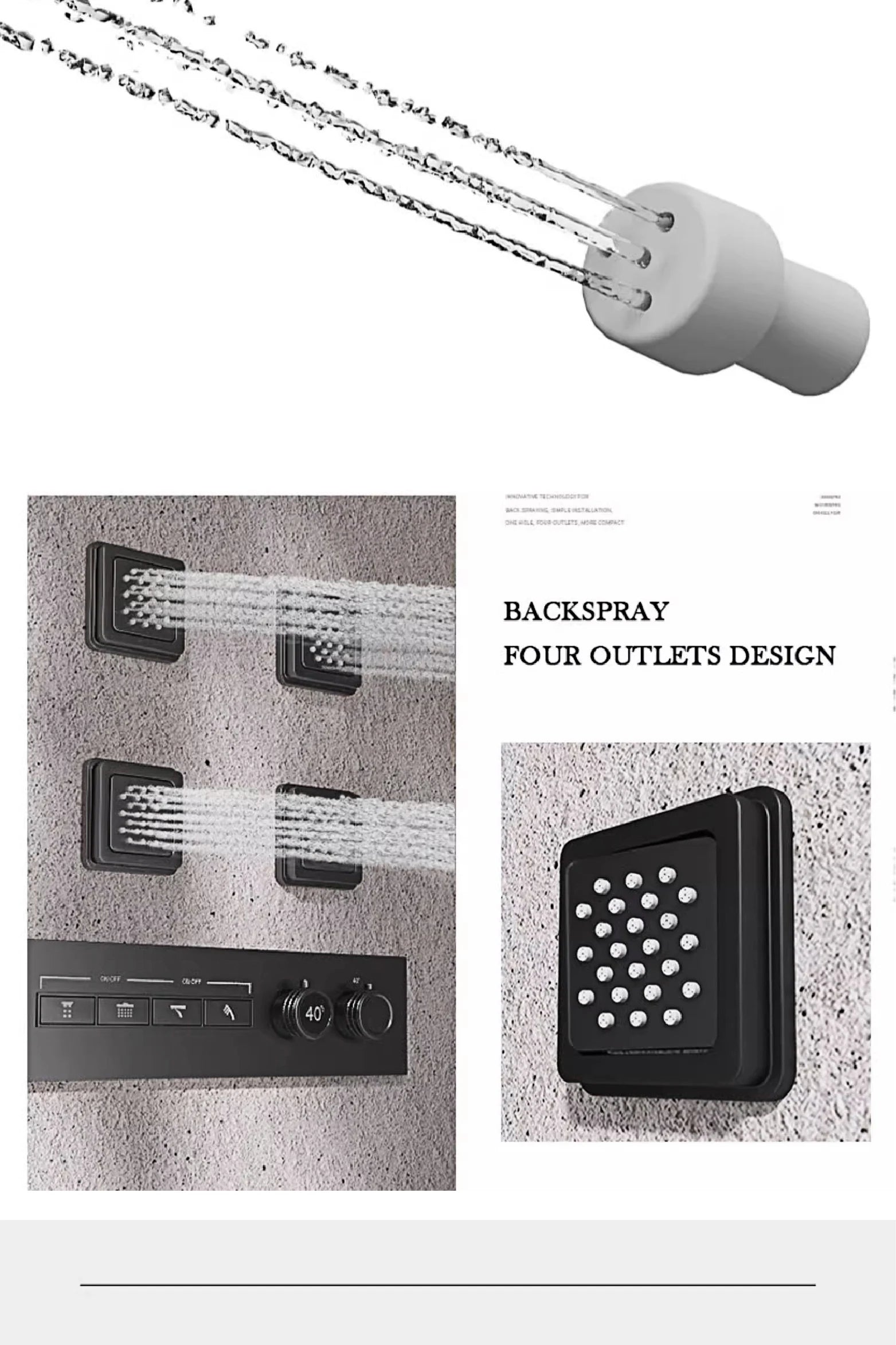 Luxury gray brass shower system with ceiling design, hidden LED display, dual hot and cold controls, for modern bathrooms.