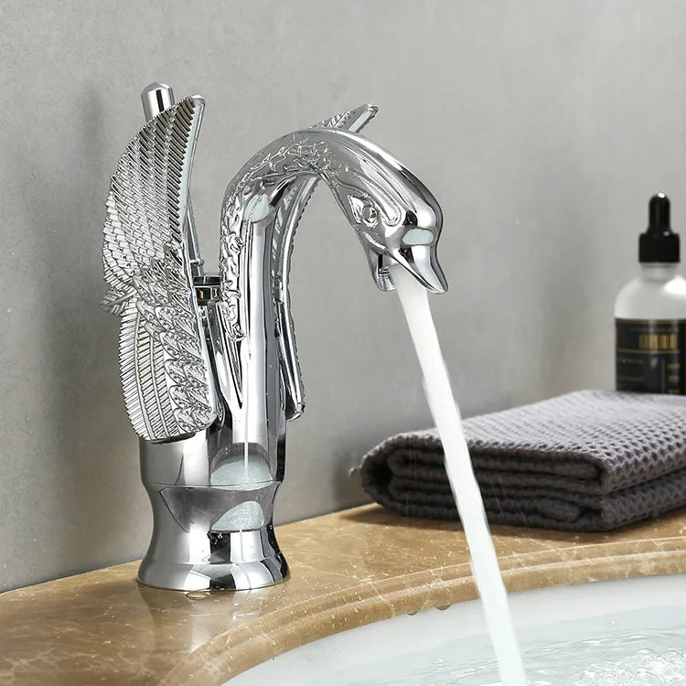 MC THE BLACK DIAMOND golden basin deck mount sink faucet with swan-shaped spout, single handle, hot and cold water mixer tap.