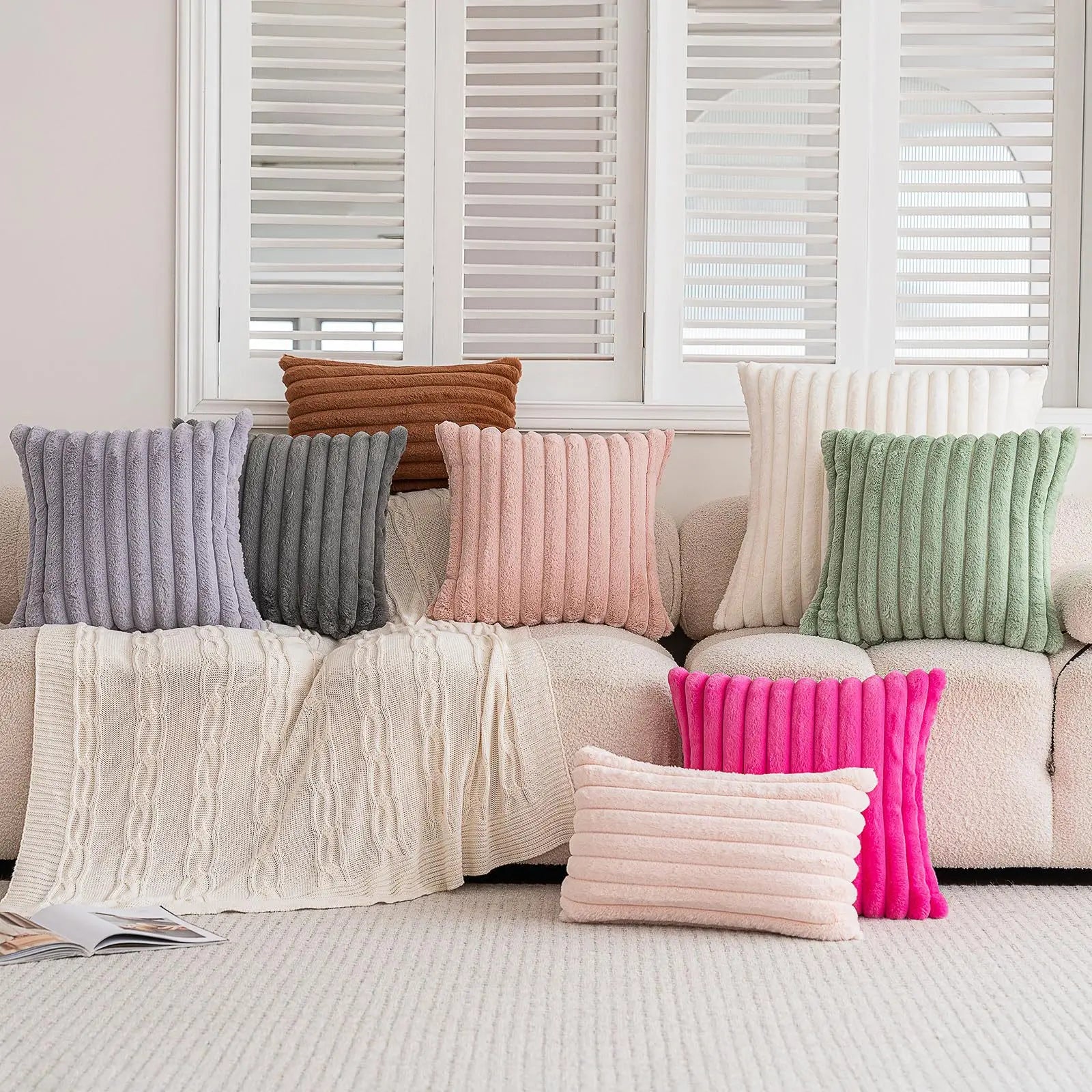 Soft faux rabbit fur square cushion cover from MC THE BLACK DIAMOND, 24x24 inch, with thick striped design for sofa decor.