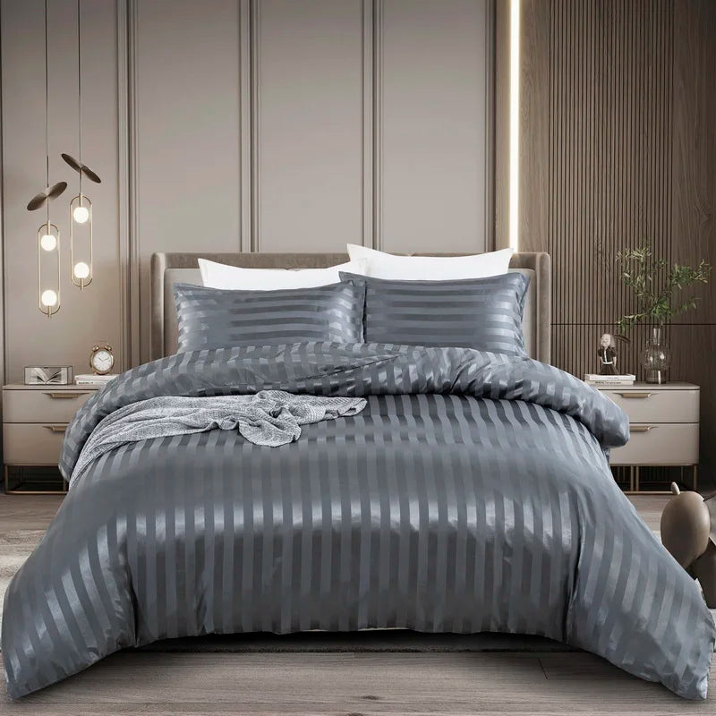 Luxury satin striped duvet cover set in ivory white, featuring silky-like fabric and full, queen, king, or double sizes.