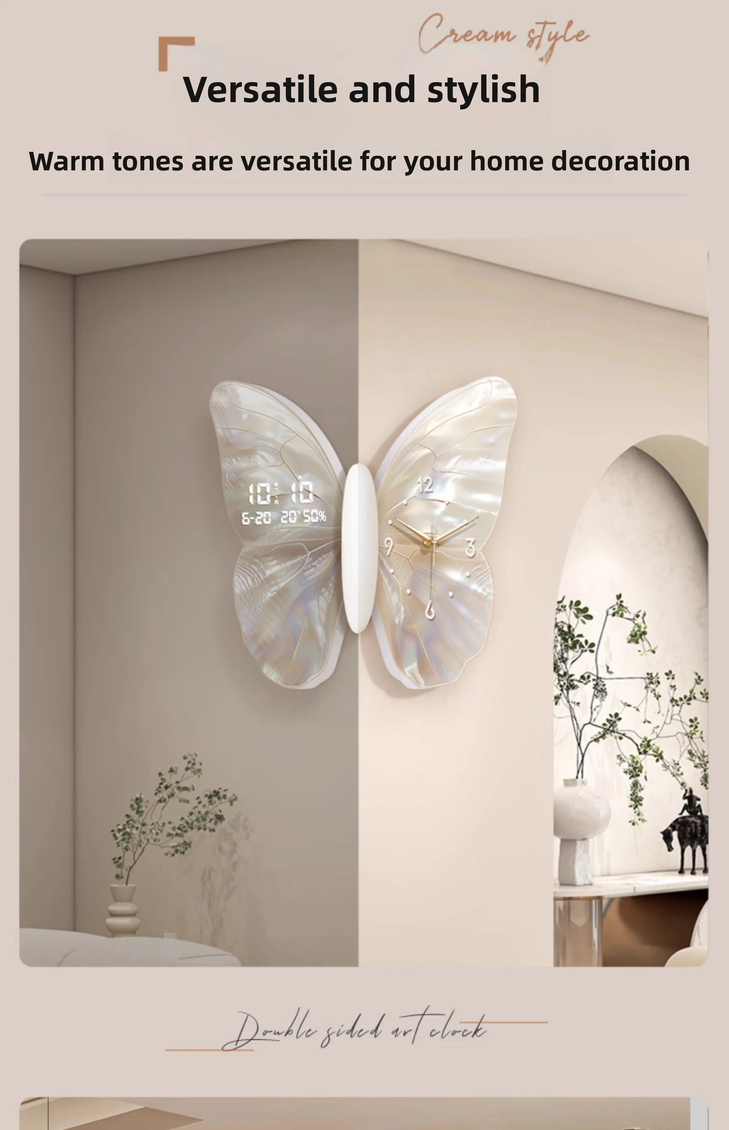 Modern MC THE BLACK DIAMOND butterfly wall clock with digital display, double-sided design, and mute white finish for living room decor.