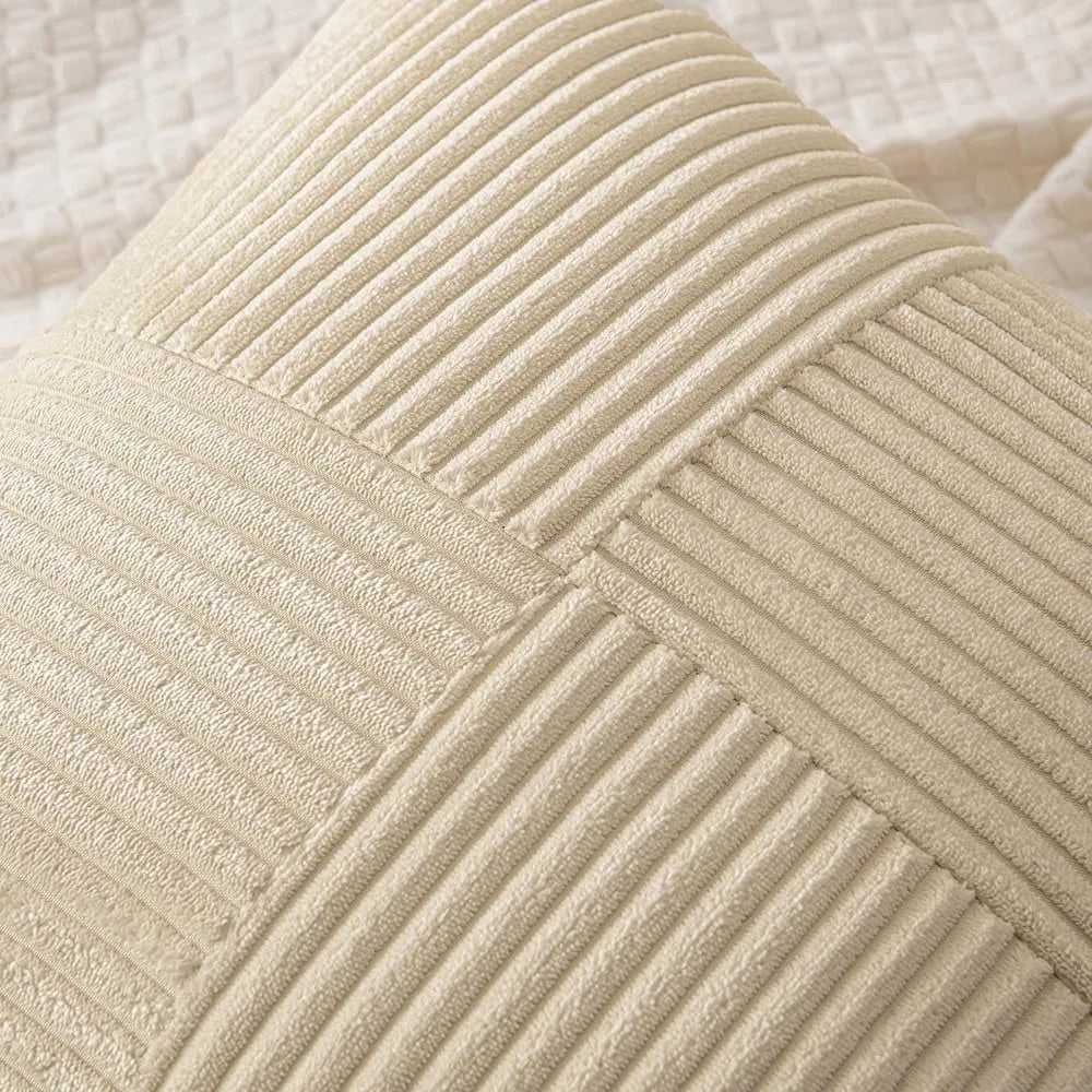 Mustard yellow corduroy pillow cover with boho spliced design, textured patchwork, and soft fabric for couch or decorative use.