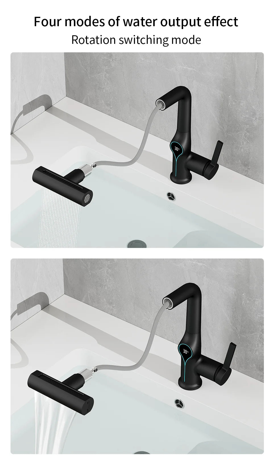 Waterfall basin bath faucet with digital temperature display, lift-up stream sprayer, hot and cold water mixer, by 𝕄𝕔 𝕋𝕙𝕖 𝔹𝕝𝕒𝕔𝕜 𝔻