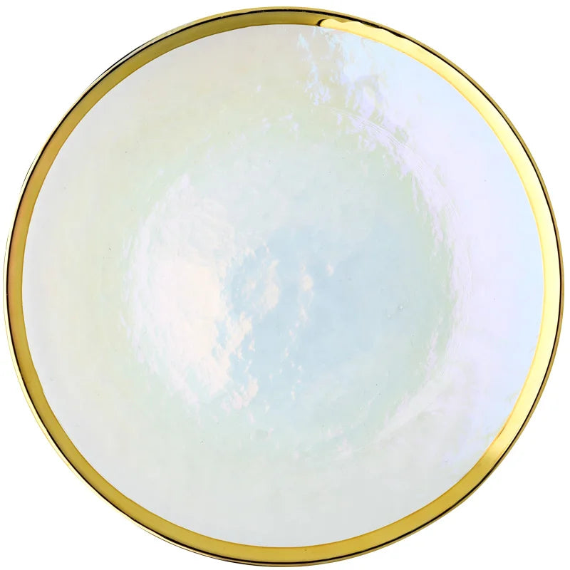 Rainbow glass dinner plates and salad bowls with gilt rims, clear glass serving tray from ๐๐ ๐๐๐ ๐น๐๐๐๐ ๐ป๐๐๏ฟฝ