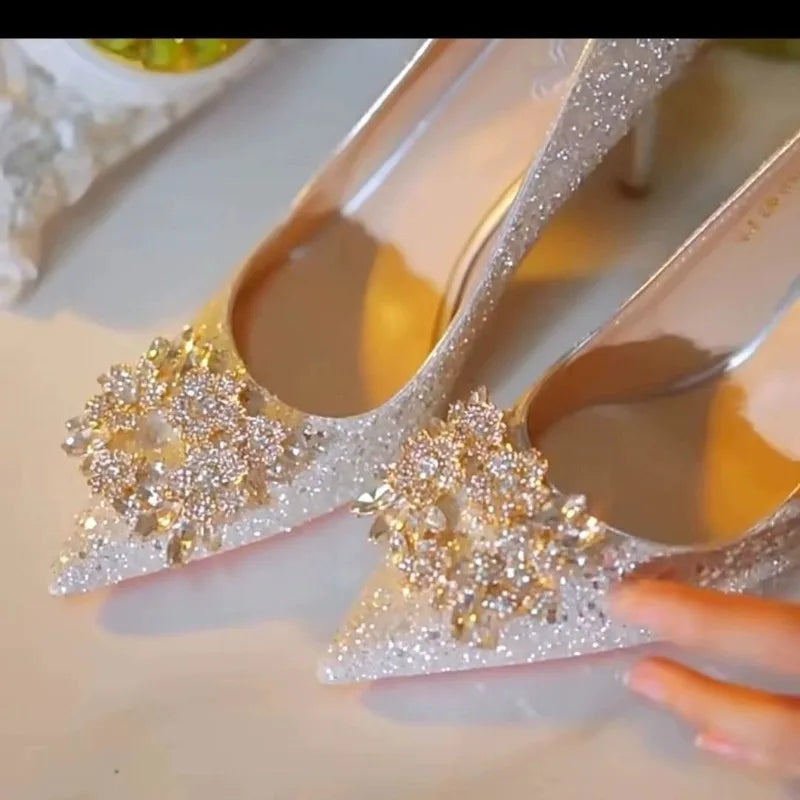Women's high heel shoes by Mohammad Collection featuring elegant crystal detailing, pointed toe, and retro style for formal occasions