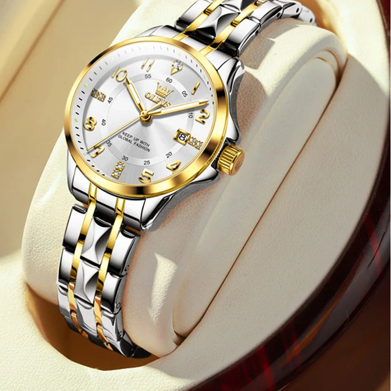 MC THE BLACK DIAMOND ladies' quartz wristwatch with luminous dial, waterproof design, and calendar feature for elegant women.
