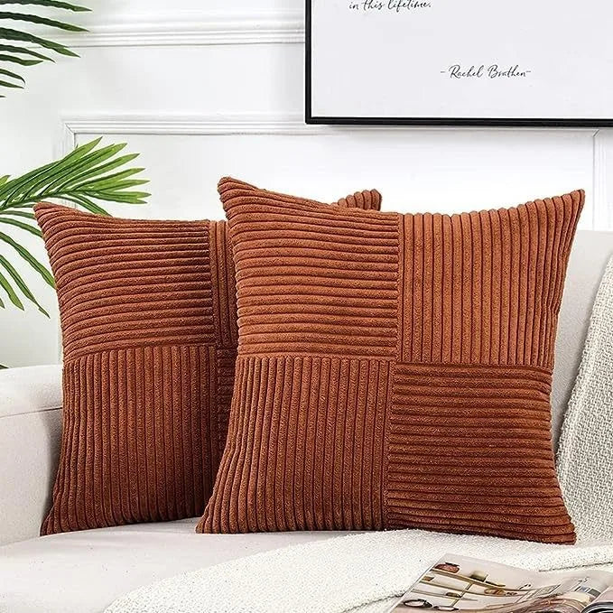 Mustard yellow corduroy pillow cover with boho spliced patchwork design, soft textured cushion case for sofa or bed decor.