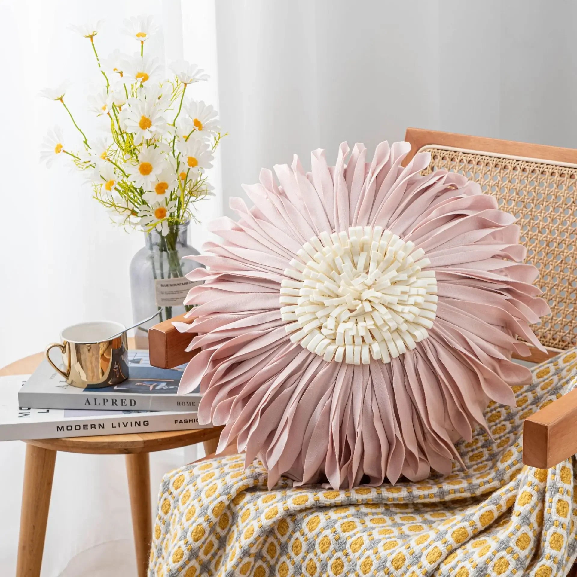 Pink and white velvet throw pillow with 3D chrysanthemum stitching, 45x45cm, home decor cushion from MC THE BLACK DIAMOND