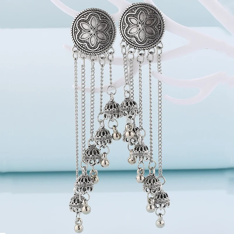 Vintage ethnic bohemian bell earrings with tassels, floral Indian-inspired long pendant jewelry by 𝕄𝕔 𝕋𝕙𝕖 𝔹𝕝𝕒𝕔𝕜 𝔻𝕚𝕒