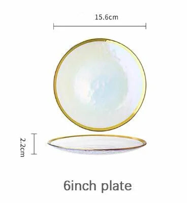 Rainbow glass dinner plates and salad bowls with gilt rims, clear glass serving tray, by ๐๐ฎ ๐๐๐ ๐น๐๐๐๐ ๐ป๐๐