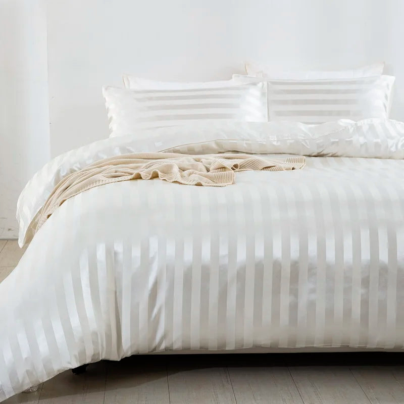 Luxury satin striped duvet cover set in ivory white with silky feel, from 𝕄𝕔 𝕋𝕙𝕖 𝔹𝕝𝕒𝕔𝕜 𝔻𝕚𝕒𝕞