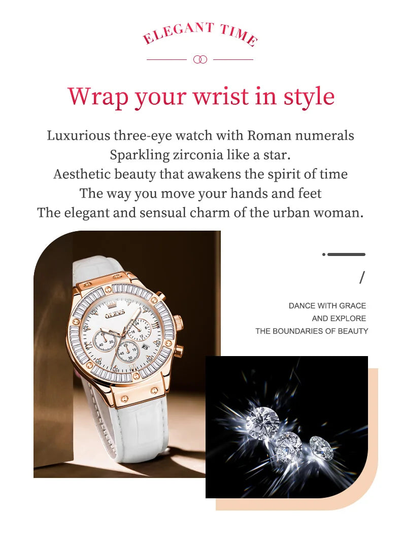 Elegant women's leather strap wristwatch by Mohamad Collection with diamond bezel, waterproof quartz chronograph, and stylish design.