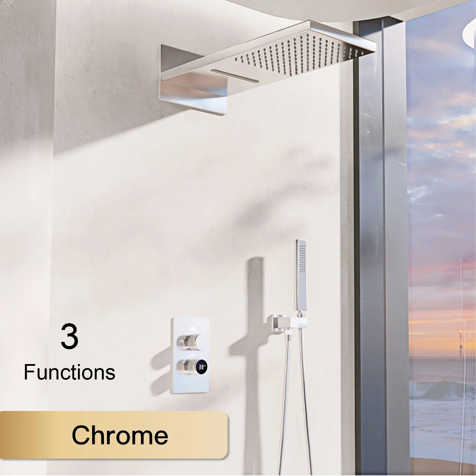 Luxury MC THE BLACK DIAMOND black shower system with wall-mounted design, LED display, and dual hot and cold control in a modern bathroom.