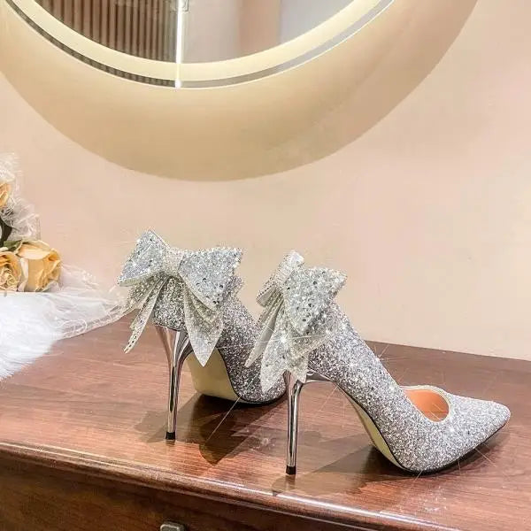 Beige crystal heels by Mohammad Collection featuring sparkling bling detail and a high-heeled shoe design for ladies.
