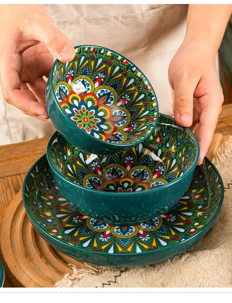 Bohemia ceramic rice bowl serving plate with intricate black diamond pattern, crafted by ๐๐ ๐๐๐ ๐น๐๐๐๐ ๐ป๐๐๏ฟฝ