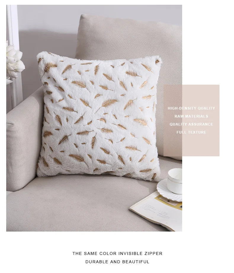 Gold feather velvet pillow cover featuring decorative plush cushion design, 45x45 cm, from 𝕄𝕔 𝕋𝕙𝕖 𝔹𝕝𝕒𝕔𝕜 𝔻𝕚�
