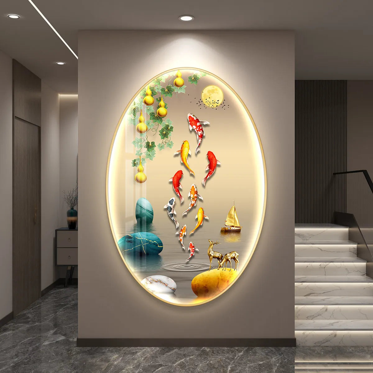 Luxury wall art poster featuring nine fish, illuminated LED lighting, modern living room decor, by 𝕄𝕔 𝕋𝕙𝕖 𝔹𝕝𝕒𝕔𝕜 𝔻𝕚�