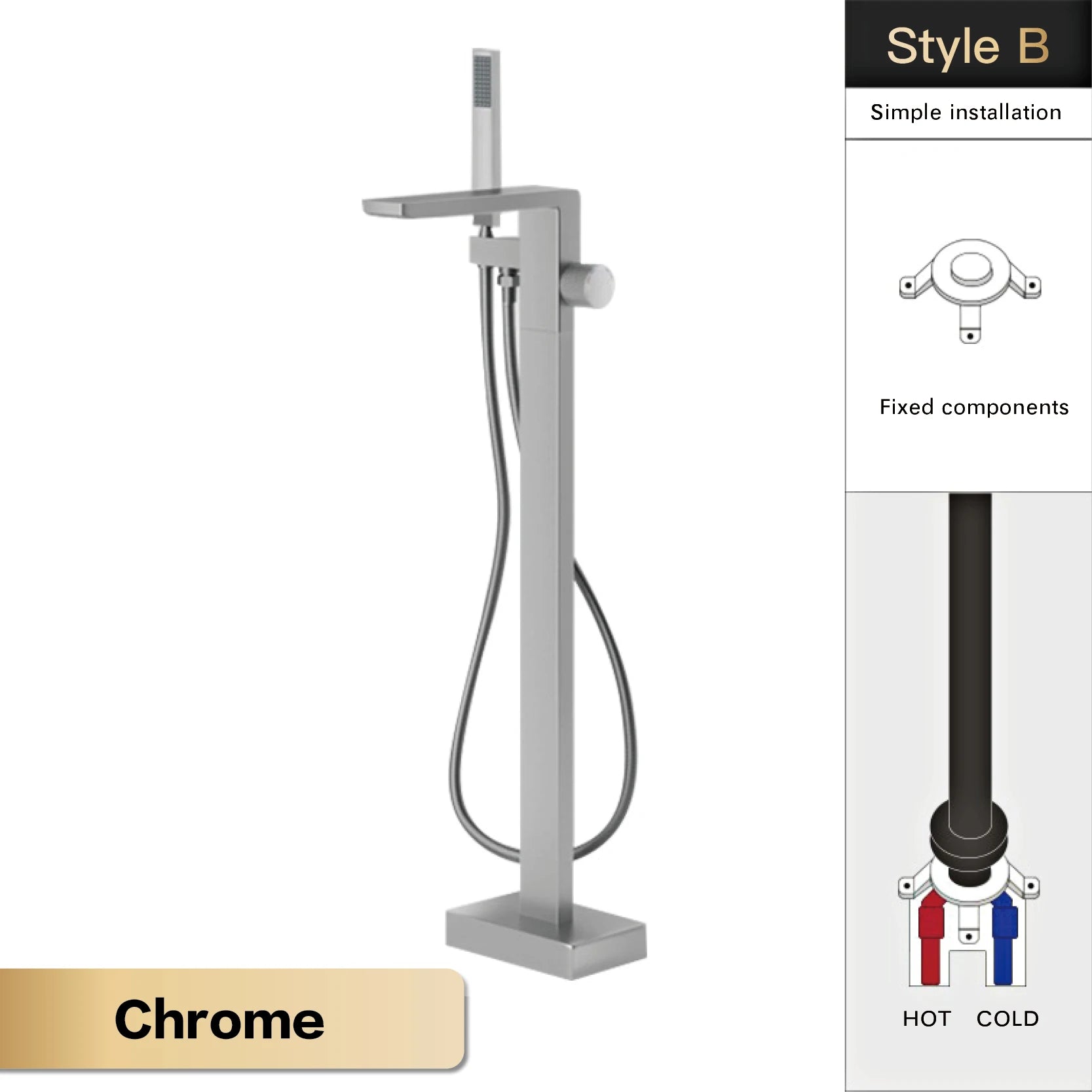 Black brass bathroom floor-standing faucet with single handle, embedded design, suitable for bathtub hot and cold water control.