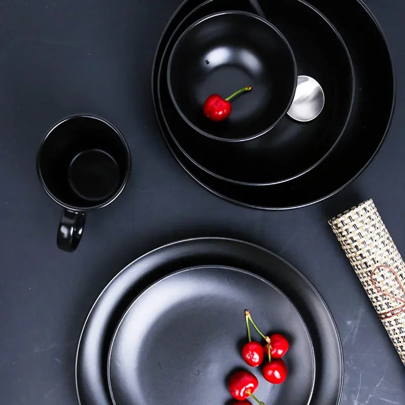 Black ceramic breakfast milk cup and deep soup plate set from 𝕄𝕔 𝕋𝕙𝕖 𝔹𝕝𝕒𝕔𝕜 𝔻𝕚𝕒𝕞𝕠