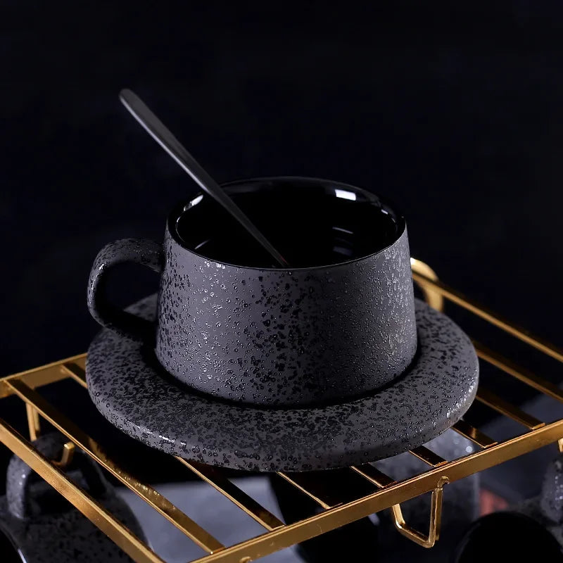 High-grade frosted ceramic coffee cup and saucer set with black spoon and cup holder, from 𝕄𝕔 𝕋𝕙𝕖 𝔹𝕝𝕒𝕔𝕜 𝔻𝕚�