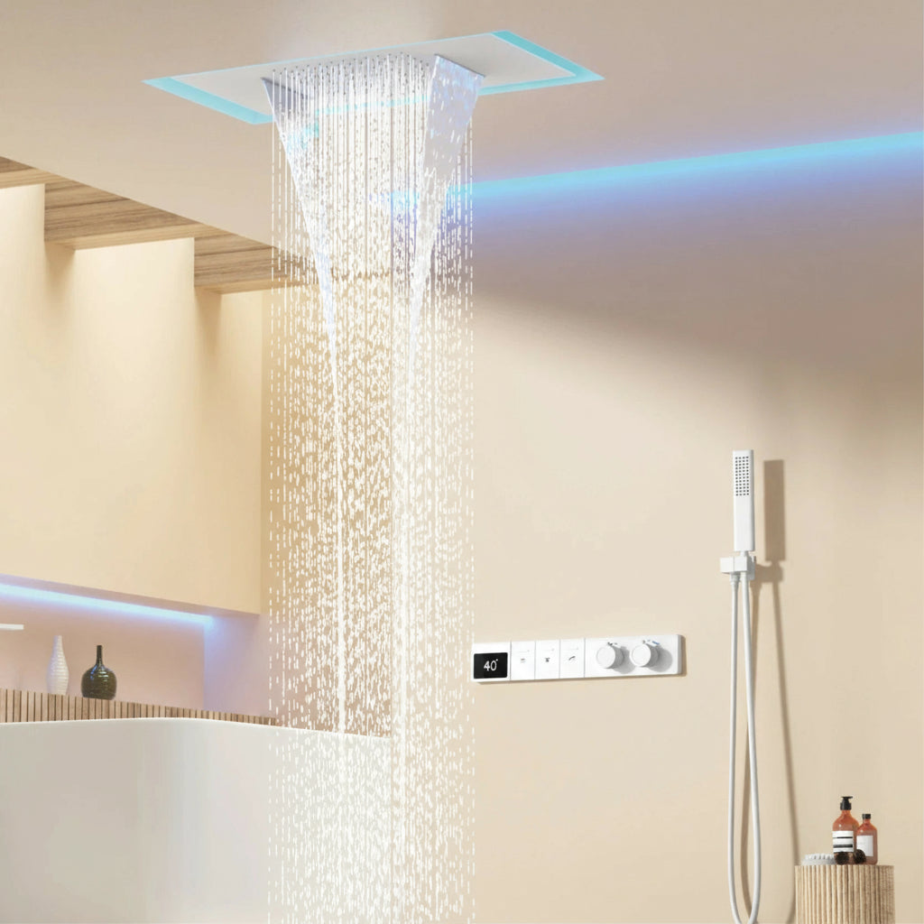 Luxury white brass shower system with digital display, wall-mounted bath faucet, hidden design, dual hot and cold control by MC THE BLACK DIAMOND