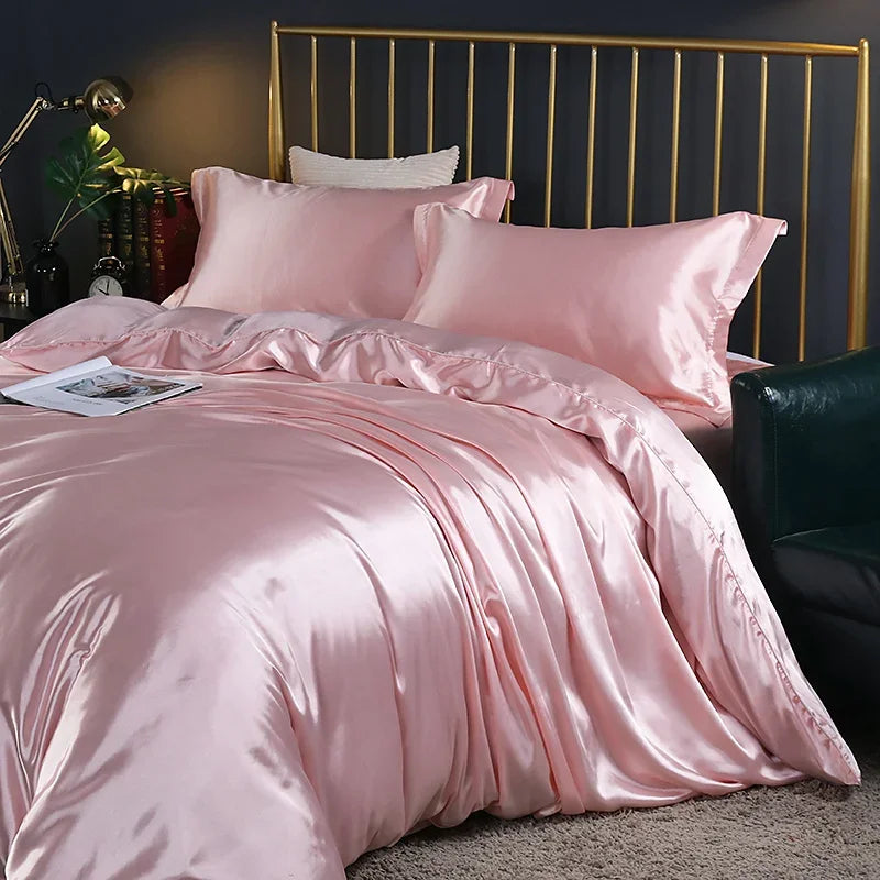 Luxury silk bedding set with duvet cover, fitted sheet, flat sheet, and pillowcases in solid color, King size from 𝕄𝕔 𝕋𝕙𝕖 𝔹𝕝𝕒𝕔𝕜 �