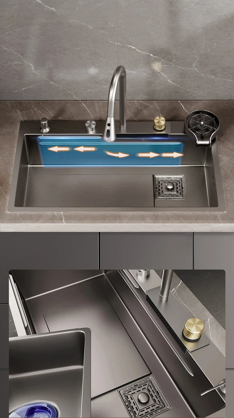 Black multifunction kitchen faucet with waterfall spout, soap dispenser, single bowl sink, stainless steel finish by 𝕄𝕔 𝕋𝕙𝕖 𝔹𝕝𝕒𝕔𝕜 𝔻𝕚