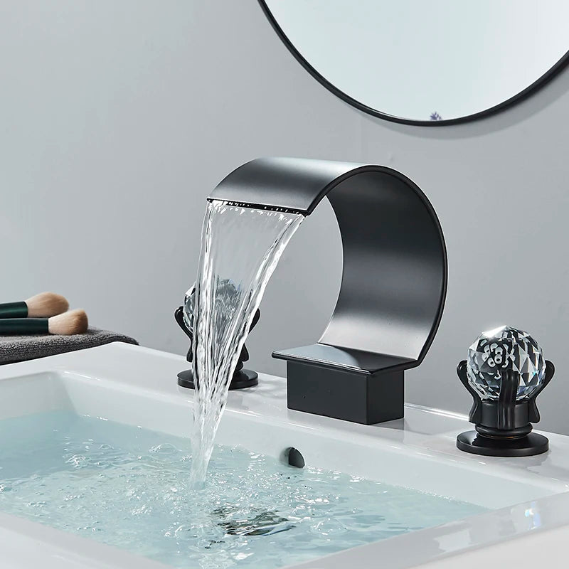 MC THE BLACK DIAMOND Shinesia luxury golden bathroom basin faucet with dual handles, waterfall spout, for vessel sinks.