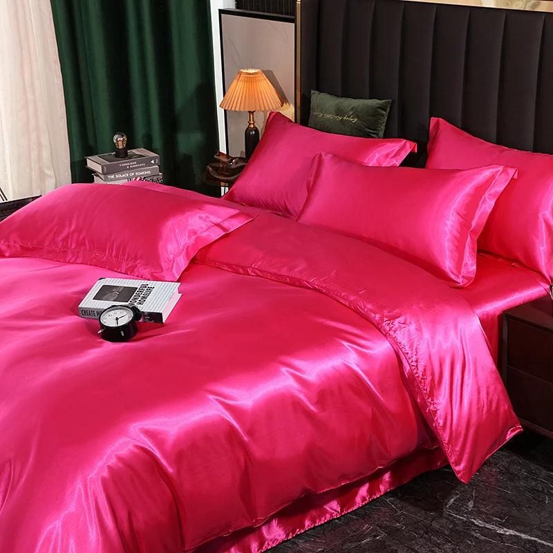 Luxury silk bedding set with duvet cover, fitted sheet, pillowcases in solid color, king and queen sizes by 𝕄𝕔 𝕋𝕙𝕖 𝔹𝕝𝕒𝕔𝕜 𝔻�