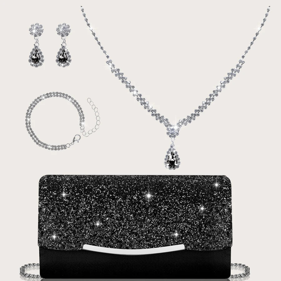 Sequin women's hand bag by MC THE BLACK DIAMOND with rhinestone jewelry set including necklace, earrings, and bracelet.