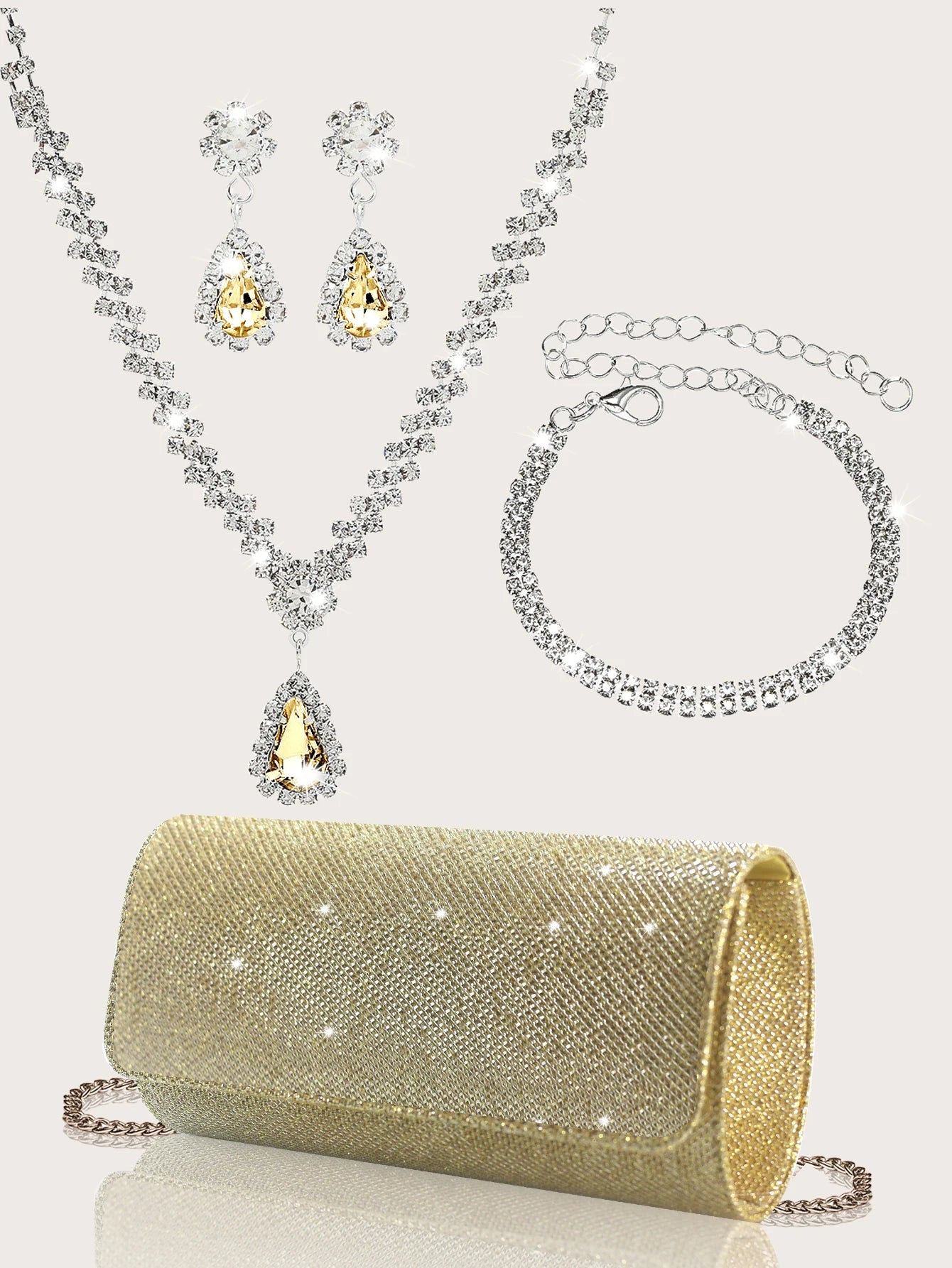 Elegant MC THE BLACK DIAMOND sparkly party clutch hand bag with rhinestone necklace, earrings, and bracelet set.