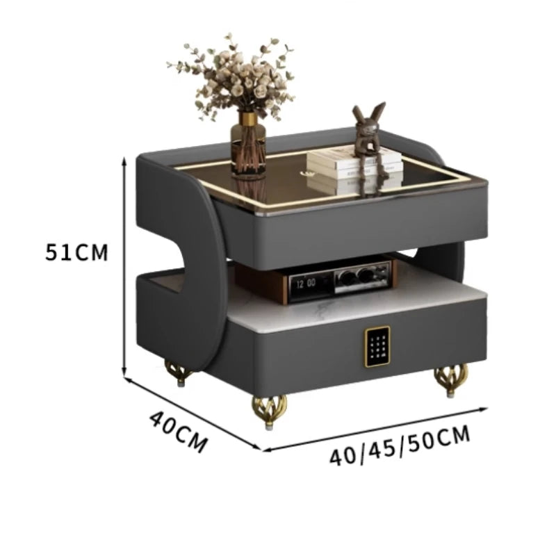MC THE BLACK DIAMOND coded lock USB rolling bedside table featuring a compact side table with secure lock and USB port access.