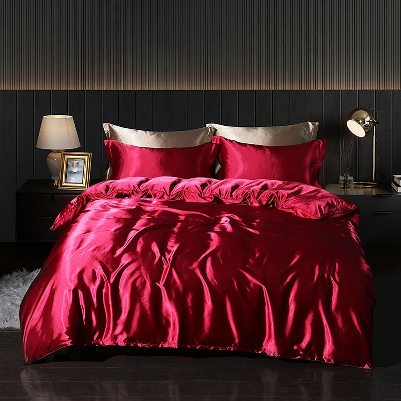 Luxury satin bedding set with fitted sheet and duvet cover by MC THE BLACK DIAMOND, showcasing smooth, elegant home decor.