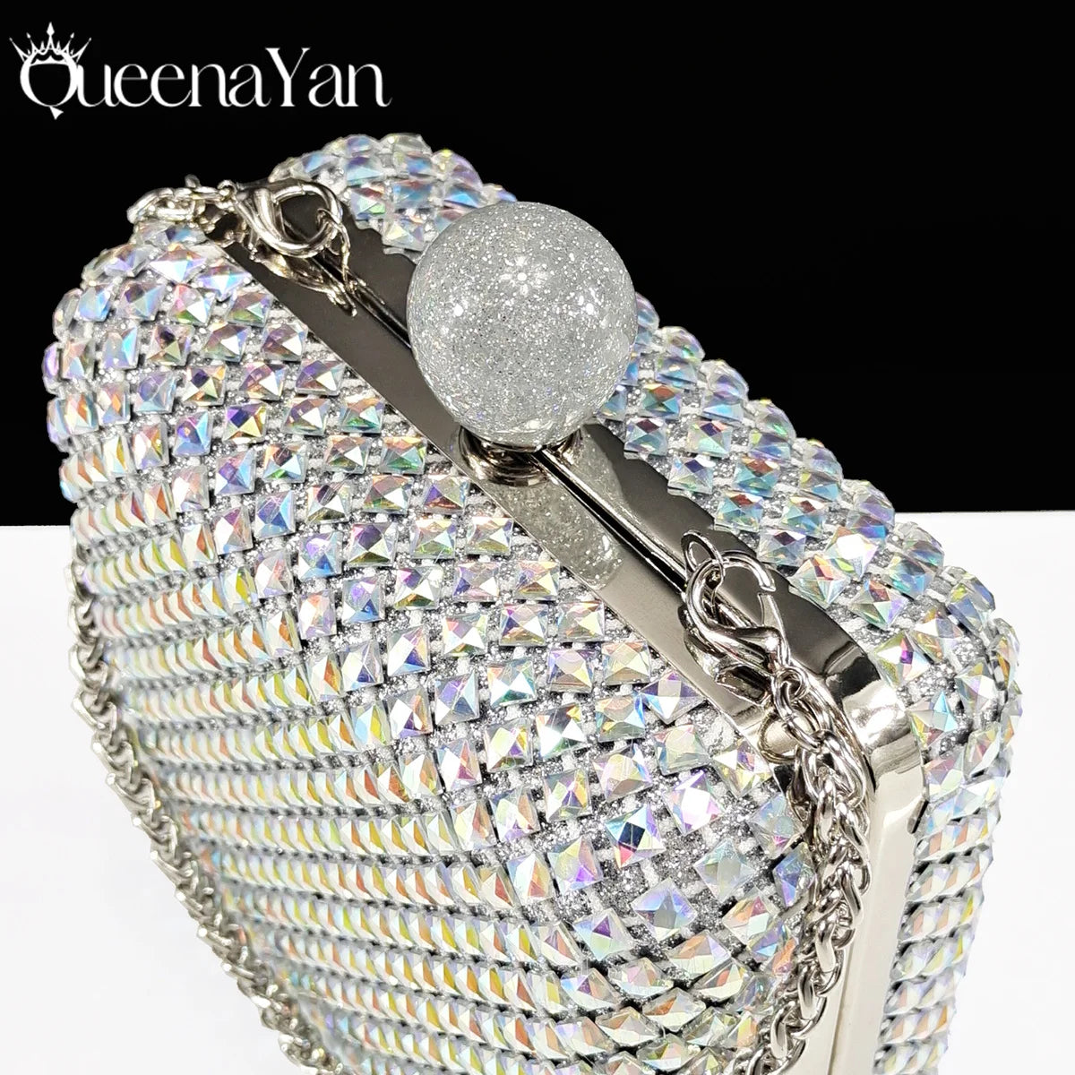 Queena Yan Italian design green pointed toe high heels and matching rhinestone clutch bag for women’s party wear, luxury style.