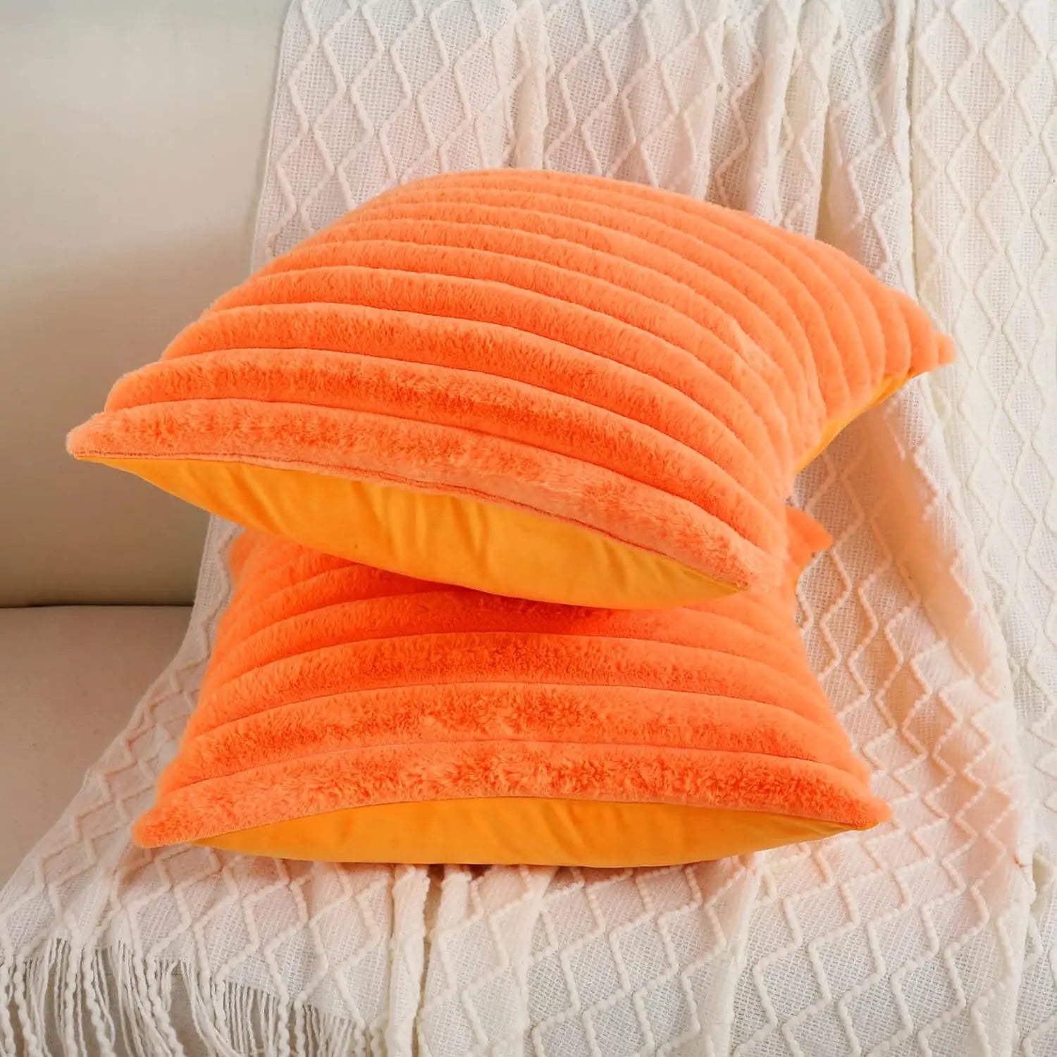 Soft faux rabbit fur square cushion cover in solid color with thick stripes, 24x24 inches, ideal for sofa decor.