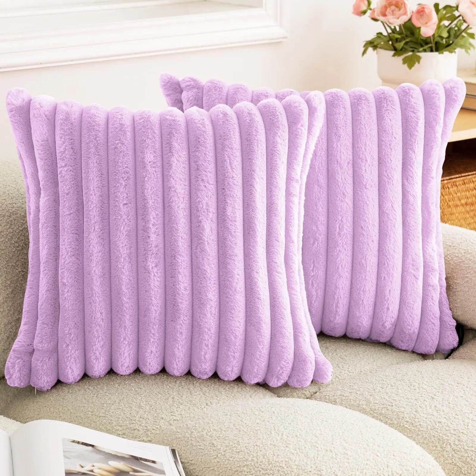 Soft beige faux rabbit fur square pillow cover with thick striped design, 24x24 inches, ideal for sofa decor.