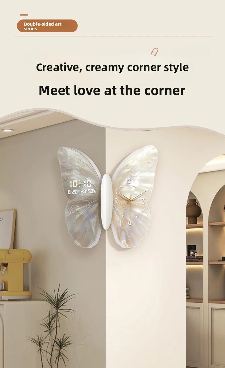 Modern MC THE BLACK DIAMOND double-sided wall clock with butterfly design, white digital display, and mute functionality for living rooms.